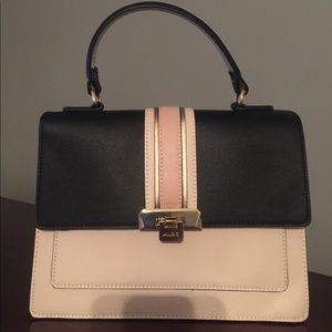 Black, beige, pink color block purse